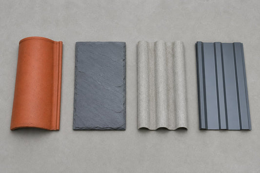 Quatre échantillons de couverture : tuile, ardoise, fibrociment et bac acier