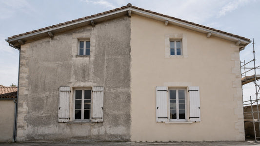 Façade de maison ancienne dont la moitié droite a été rénovée