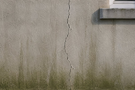 Façade béton fissurée, avec coulures vertes de ruissellement