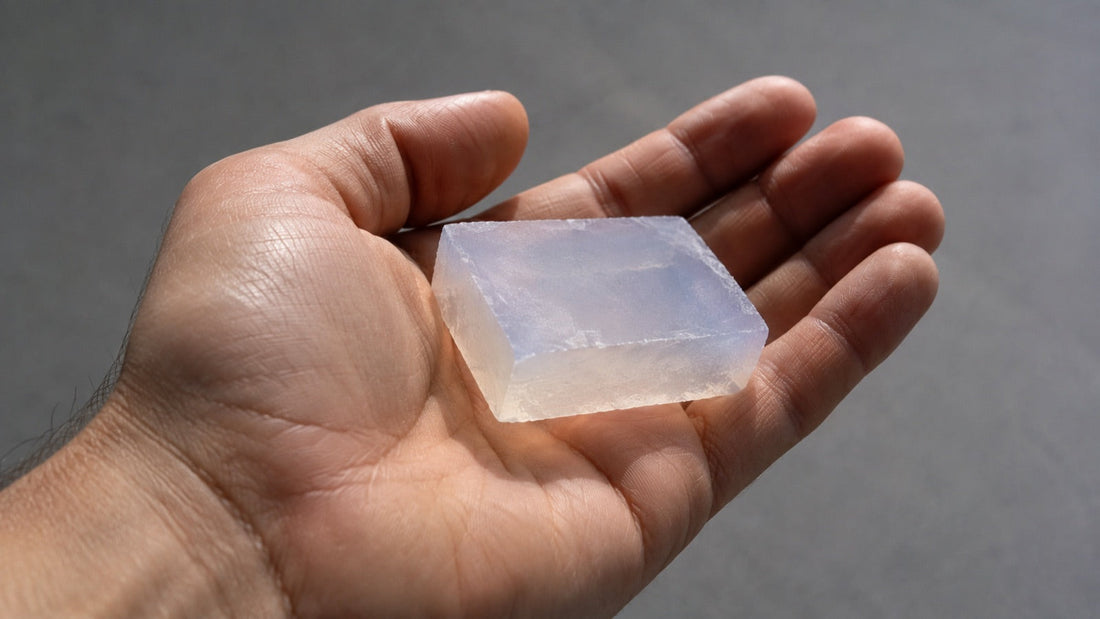 Bloc d'aérogel de silice translucide tenu dans une main
