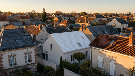 Maison au toit blanc au milieu d'un village aux toitures traditionnelles