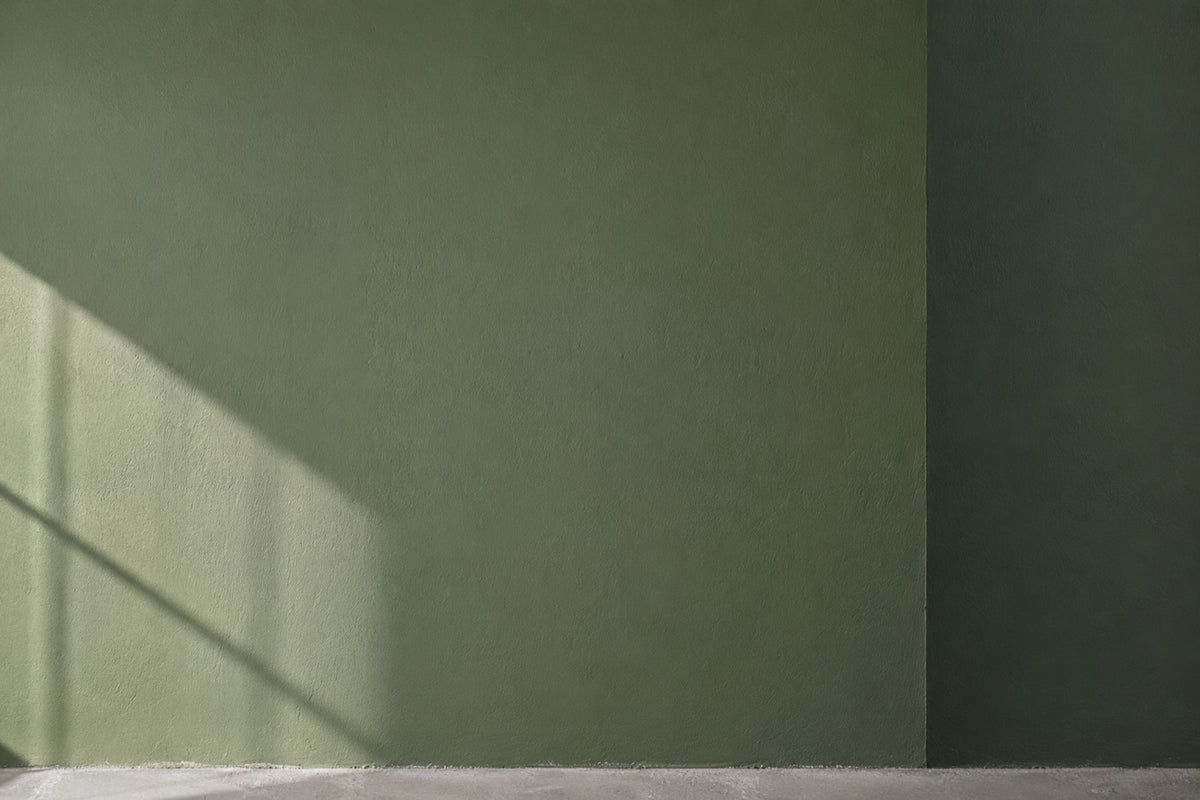 Mur peint dans une teinte sourde, révélé par une lumière rasante
