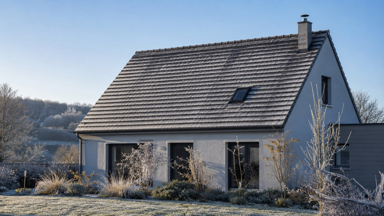 Maison individuelle et son jardin couverts de givre par un matin d'hiver ensoleillé