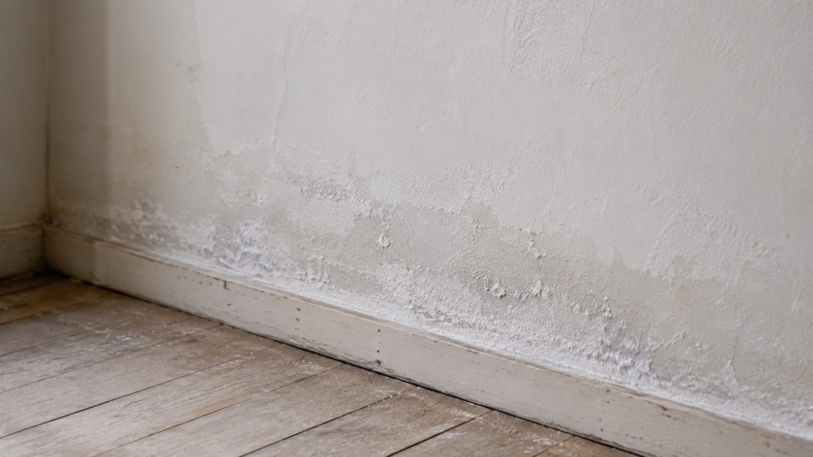 Bas de mur intérieur marqué par l'humidité et le salpêtre