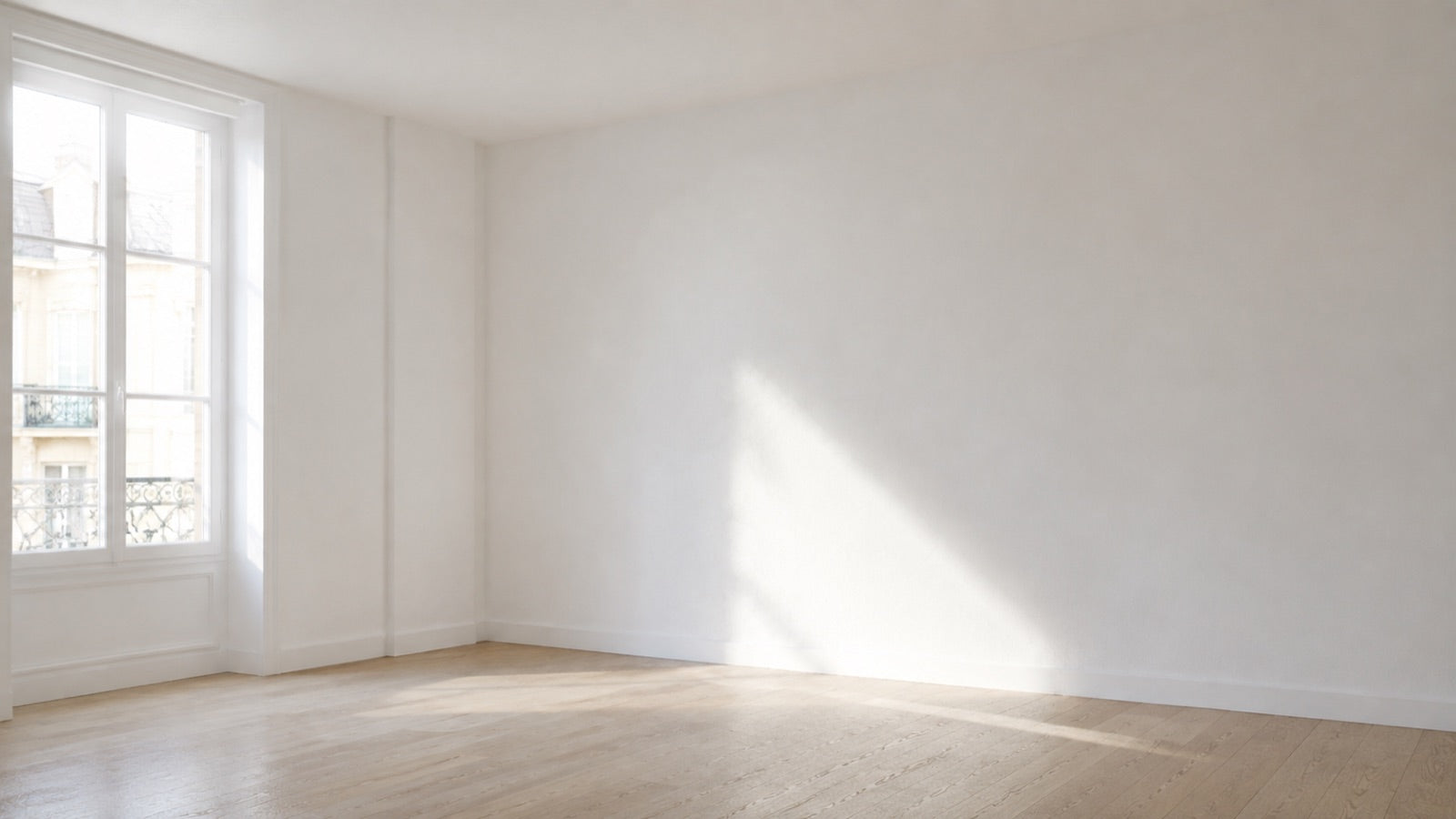Pièce d'habitation vide aux murs blancs mats, éclairée par la lumière naturelle