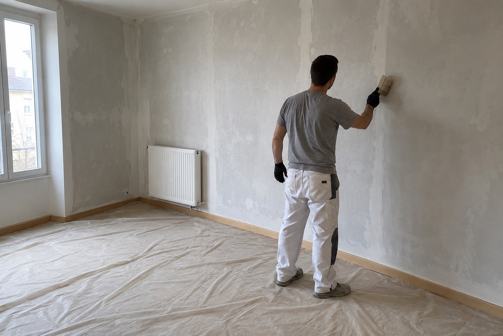 Applicateur brossant un mur intérieur bâché avant peinture