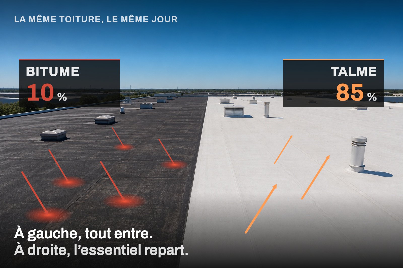 La même toiture le même jour : le bitume renvoie 10 %, la partie revêtue Talme en renvoie 85 %